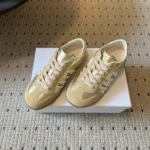 Ribbon Sneaker Beige Suede Calfskin and Gold-Tone Crinkled Laminated Lambskin