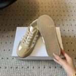 Ribbon Sneaker Beige Suede Calfskin and Gold-Tone Crinkled Laminated Lambskin