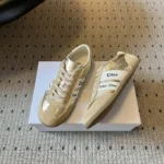 Ribbon Sneaker Beige Suede Calfskin and Gold-Tone Crinkled Laminated Lambskin