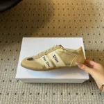 Ribbon Sneaker Beige Suede Calfskin and Gold-Tone Crinkled Laminated Lambskin