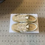 Ribbon Sneaker Beige Suede Calfskin and Gold-Tone Crinkled Laminated Lambskin