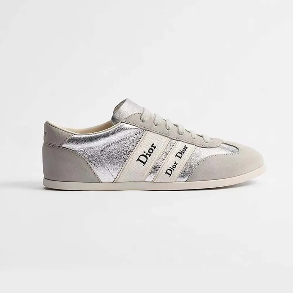 Dior Women Ribbon Sneaker Gray Suede Calfskin and Silver-Tone Crinkled Laminated Lambskin (1) Ribbon Sneaker Gray Suede Calfskin and Silver-Tone Crinkled Laminated Lambskin
