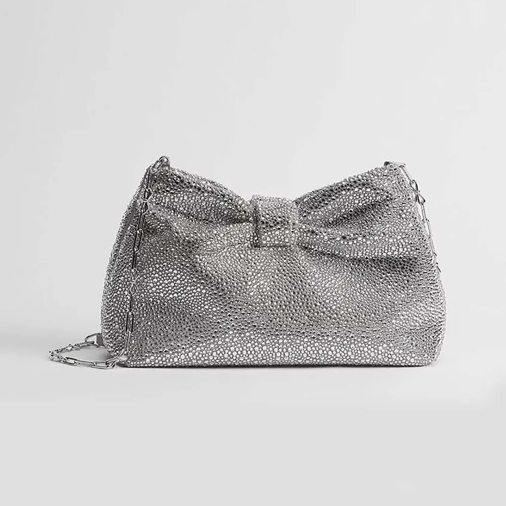 Dior Women Small Dior Bow Bag Silver-Tone Goatskin and Strass M0715PMST (1) Dior Women Small Dior Bow Bag Silver-Tone Goatskin and Strass M0715PMST
