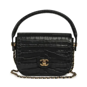 Chanel Women Flap Bag with Top Handle Crocodile Embossed Calfskin Black