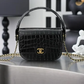 Chanel Women Flap Bag with Top Handle Crocodile Embossed Calfskin Black