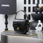 Chanel Women Flap Bag with Top Handle Crocodile Embossed Calfskin Black
