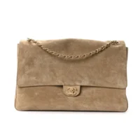 Chanel Women Maxi Flap Suede Calfskin & Gold Dark Beige