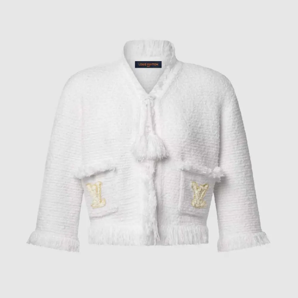 Louis Vuitton Women Fringe Hem Toweling Jacket White 1AK06D (1) Louis Vuitton Women Fringe Hem Toweling Jacket White 1AK06D