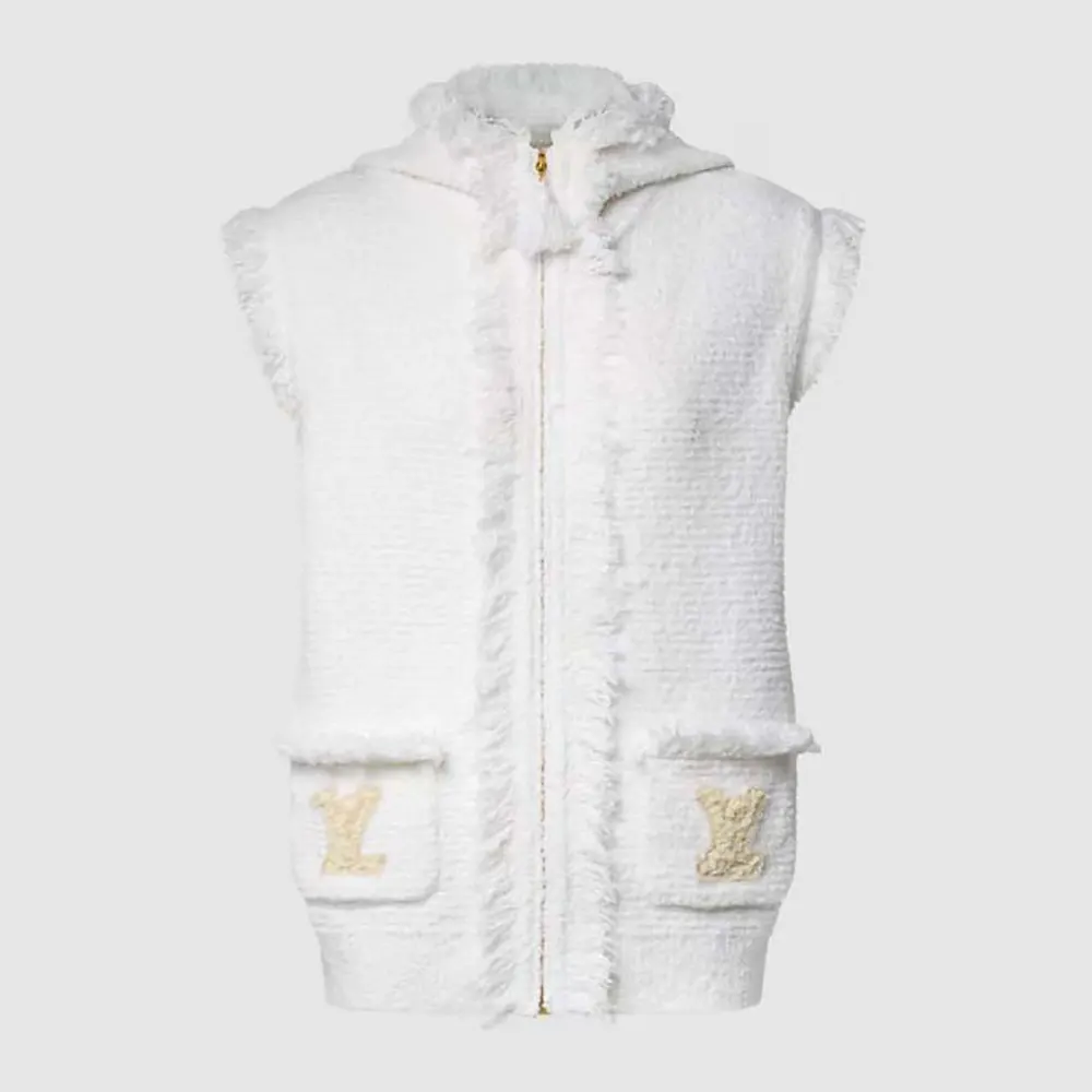 Louis Vuitton Women Sleeveless Fringe Hem Toweling Hoodie White 1AK06T (1) Louis Vuitton Women Sleeveless Fringe Hem Toweling Hoodie White 1AK06T