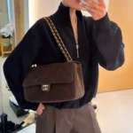Chanel Women Maxi Flap Suede Calfskin & Gold Dark Brown - Image 13