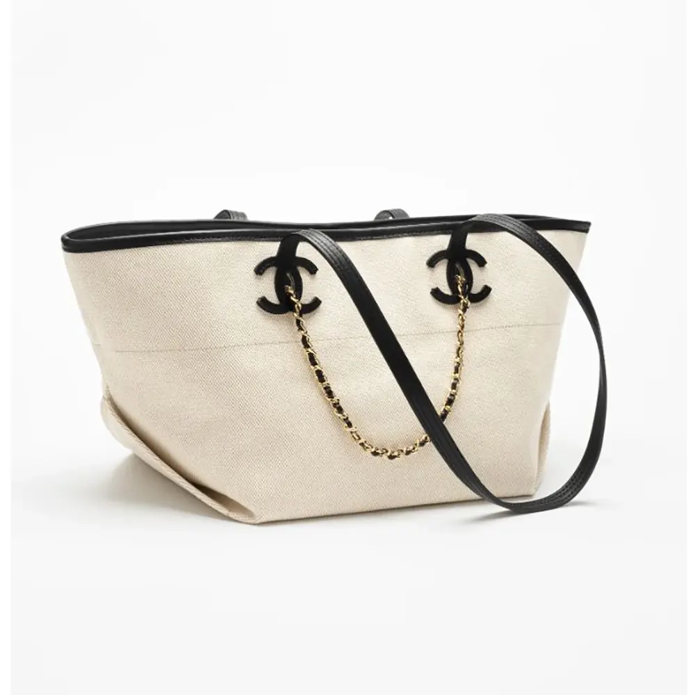 Chanel Women Small Tote Canvas Calfskin & Gold-Tone Metal-Ecru & Black (1) Chanel Women Small Tote Canvas Calfskin & Gold-Tone Metal-Ecru & Black