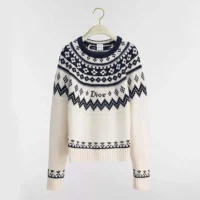 Dior Women DiorAlps Sweater Ecru Wool and Cashmere Knit with Navy Blue Fair Isle Motif