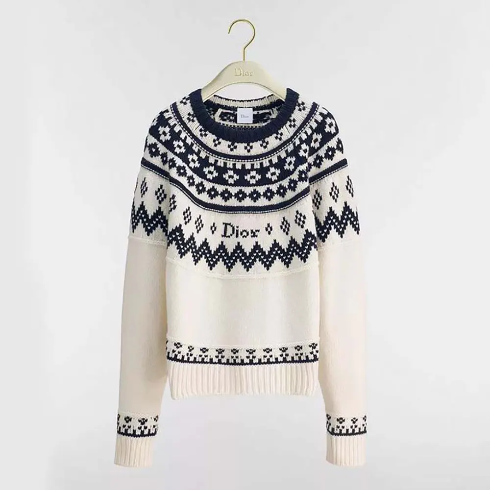 Dior Women DiorAlps Sweater Ecru Wool and Cashmere Knit with Navy Blue Fair Isle Motif (1) Dior Women DiorAlps Sweater Ecru Wool and Cashmere Knit with Navy Blue Fair Isle Motif