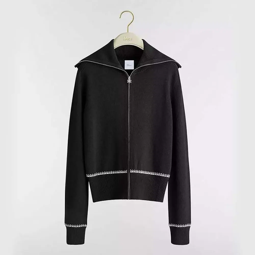Dior Women DiorAlps Zipped Cardigan Black Virgin Wool and Cashmere Knit with Gray Dior Snowflake Motif (1) Dior Women DiorAlps Zipped Cardigan Black Virgin Wool and Cashmere Knit with Gray Dior Snowflake Motif