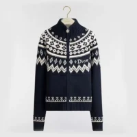 Dior Women DiorAlps Zipped Cardigan Navy Blue Virgin Wool-Cashmere-Blend Jacquard