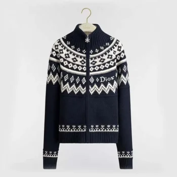 Dior Women DiorAlps Zipped Cardigan Navy Blue Virgin Wool-Cashmere-Blend Jacquard
