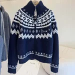 Dior Women DiorAlps Zipped Cardigan Navy Blue Virgin Wool-Cashmere-Blend Jacquard