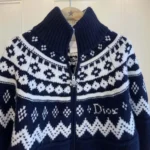 Dior Women DiorAlps Zipped Cardigan Navy Blue Virgin Wool-Cashmere-Blend Jacquard