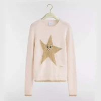 Dior Women Embroidered Sweater Ecru Cashmere-Blend Knit with Gold-Tone Star Motif