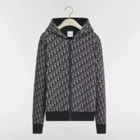 Dior Women Hooded Zipped Cardigan Black Virgin Wool-Cashmere-Blend Jacquard with Dior Oblique Interior