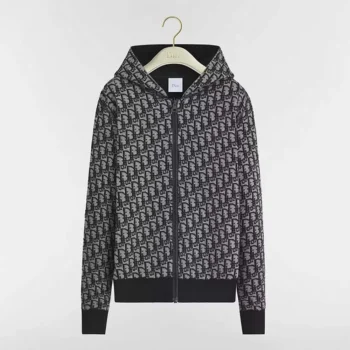 Dior Women Hooded Zipped Cardigan Black Virgin Wool-Cashmere-Blend Jacquard with Dior Oblique Interior