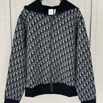 Dior Women Hooded Zipped Cardigan Black Virgin Wool-Cashmere-Blend Jacquard with Dior Oblique Interior