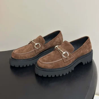 Gucci Women Loafer With Horsebit and Lug Sole-Dark Brown