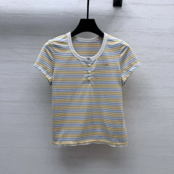 Louis Vuitton LV Women Striped Jersey Henley T-shirt 1AKEEA